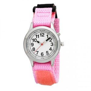 Ladies / Kids Talking Alarm Watch: Pink Fabric Strap Band - Choice of Voice