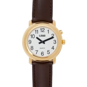 Ladies Gold Tone Talking Watch White Face Brown Leather Band, English