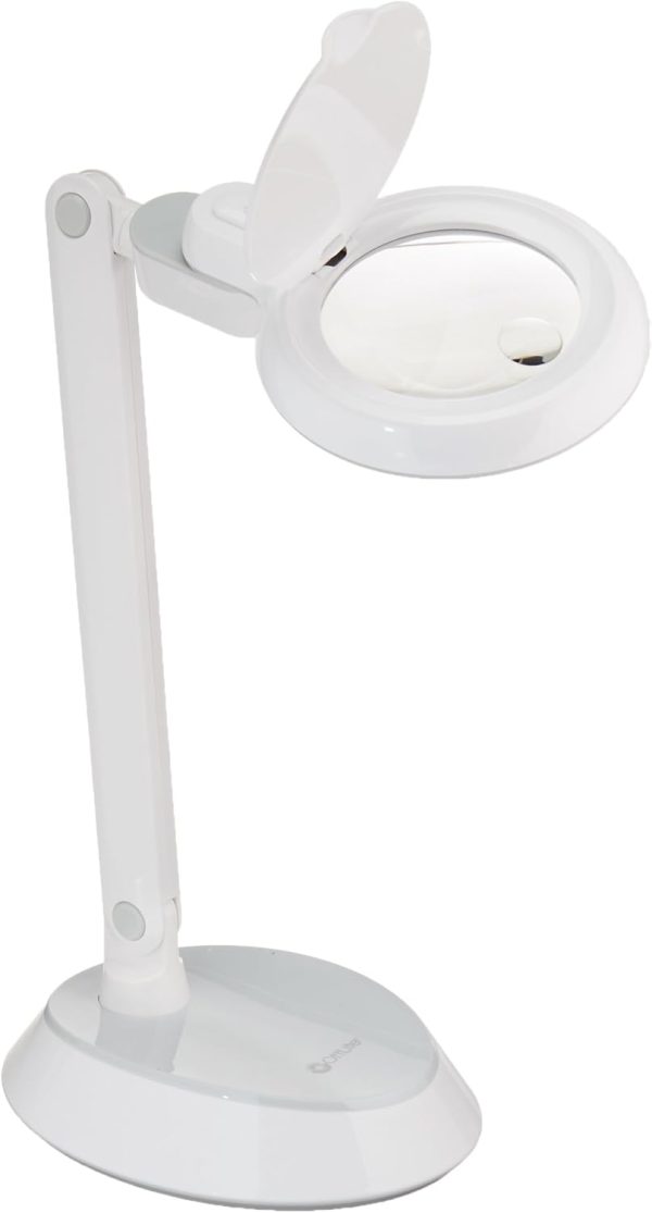 OttLite LED Space Saving Magnifier Desk Lamp – 1.75x, Adjustable Arm, Pivoting Head - White