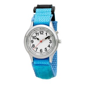 Ladies / Kids Talking Alarm Watch: Light Blue Fabric Strap Band - Choice of Voice