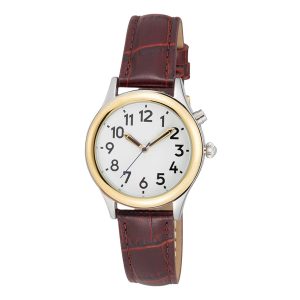 Ladies Two Tone Talking Watch White Face Brown Leather Band - Choice of Voices Male & Female English