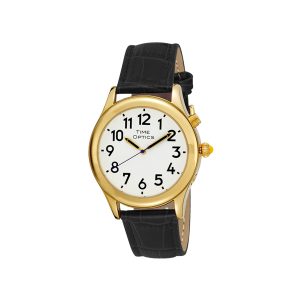 Men's Gold Tone Talking Watch White Face Black Leather Band Choice of Voices Male & Female - English