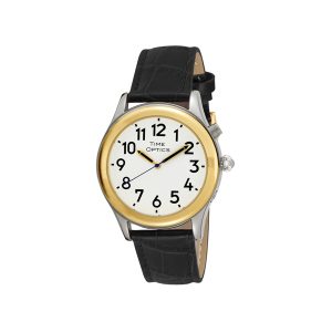 Men's Two Tone Talking Watch White Face Black Leather Band, Choice of Voices Male & Female - English