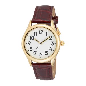 Men's Gold Tone Talking Watch White Face: Leather Band - Choice of Voices Male & Female - English