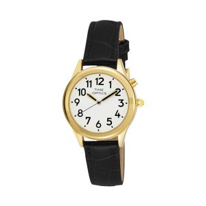 Ladies Gold Tone Talking Watch White Face Black Leather Band - Choice of Voice Male & Female English