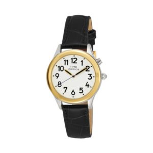Ladies Two Tone Talking Watch White Face: Black Leather Band - Choice of Voice Male & Female English